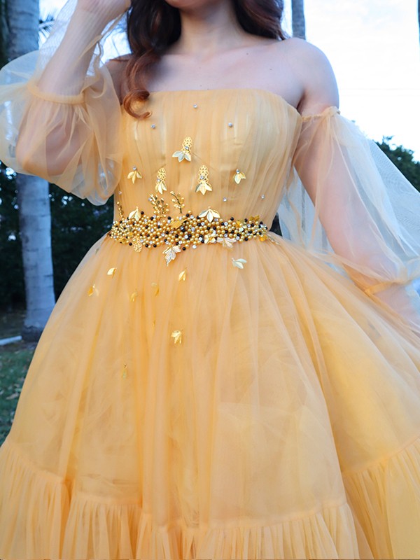 Tulle Beading Off-the-Shoulder Long Sleeves Floor-Length Dresses
