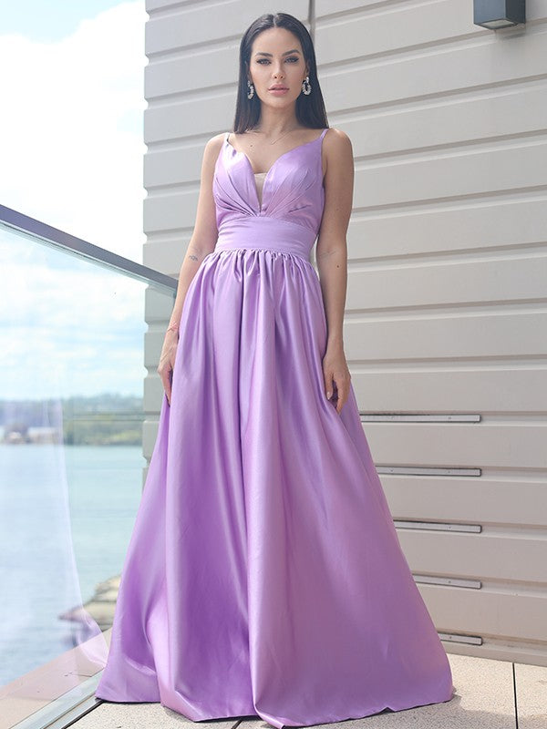 Satin Ruched V-neck Sleeveless Sweep/Brush Train Dresses