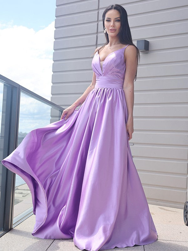 Satin Ruched V-neck Sleeveless Sweep/Brush Train Dresses