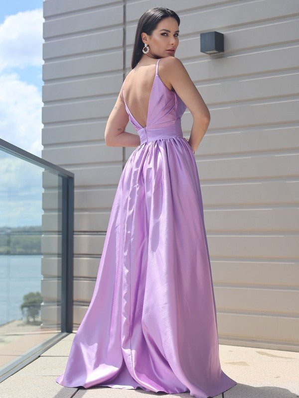 Satin Ruched V-neck Sleeveless Sweep/Brush Train Dresses