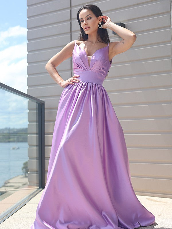 Satin Ruched V-neck Sleeveless Sweep/Brush Train Dresses