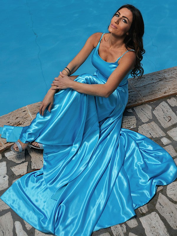 Satin Ruffles Spaghetti Straps Sleeveless Sweep/Brush Train Dresses