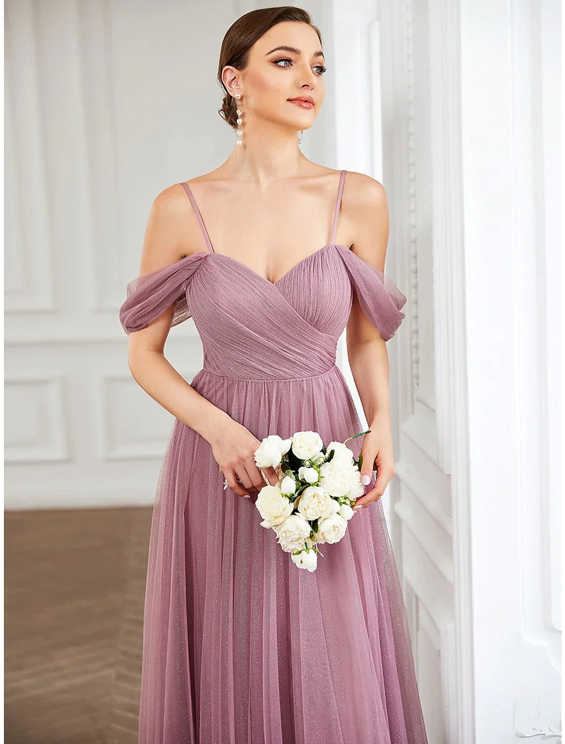 A-Line Prom Dresses Elegant Dress Wedding Guest Floor Length Sleeveless V Neck Tulle with Pleats