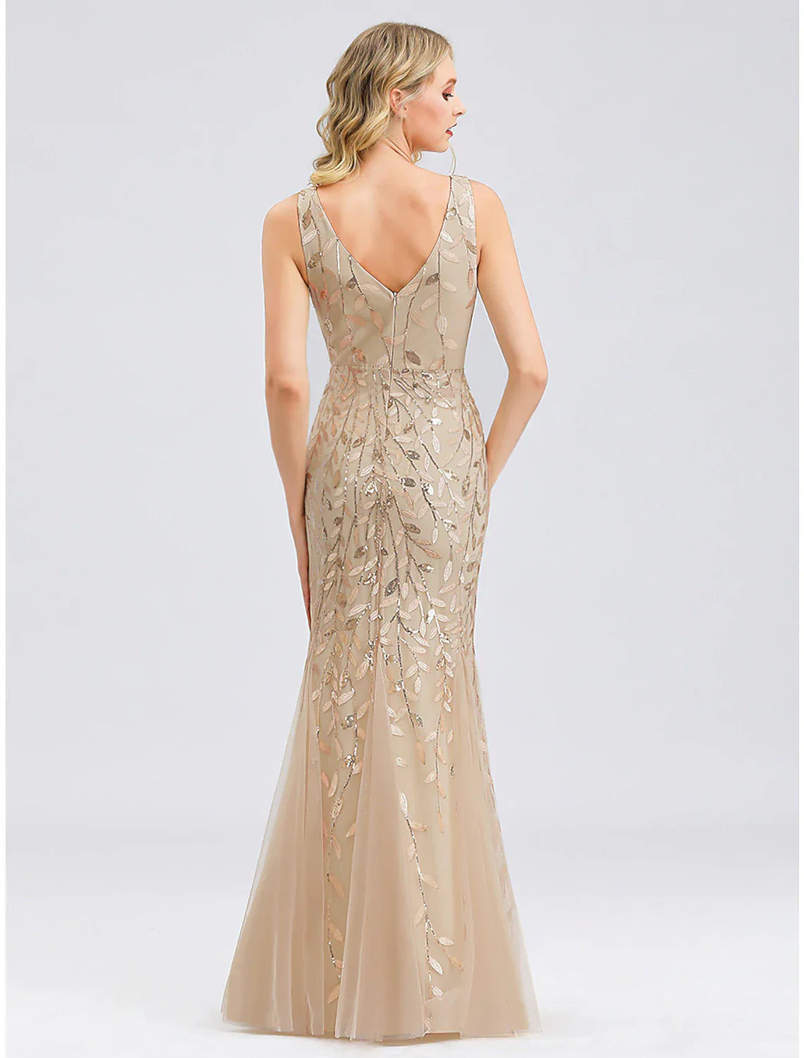 Mermaid / Trumpet Sparkle Sexy Prom Formal Evening Valentine's Day Dress V Neck V Back Sleeveless Floor Length Tulle