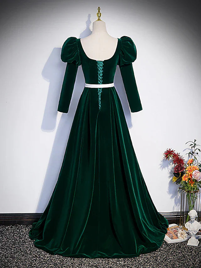 Evening Gown Maxi Dress Formal Floor Length Long Sleeve Square Neck Velvet with Pleats Crystals Strappy