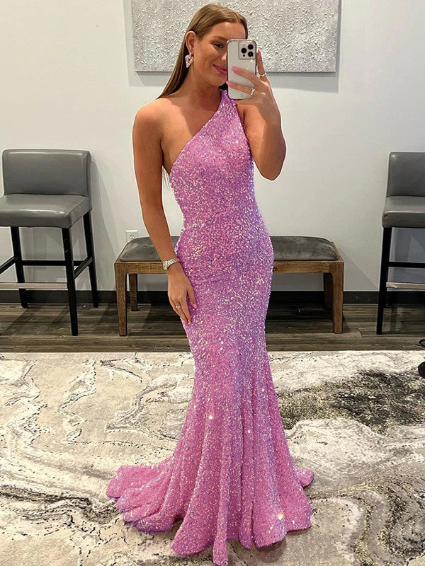 Sheath Ruffles One-Shoulder Sleeveless Sweep Train Dresses