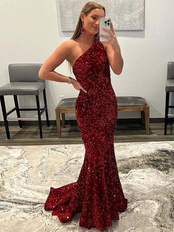 Sheath Ruffles One-Shoulder Sleeveless Sweep Train Dresses