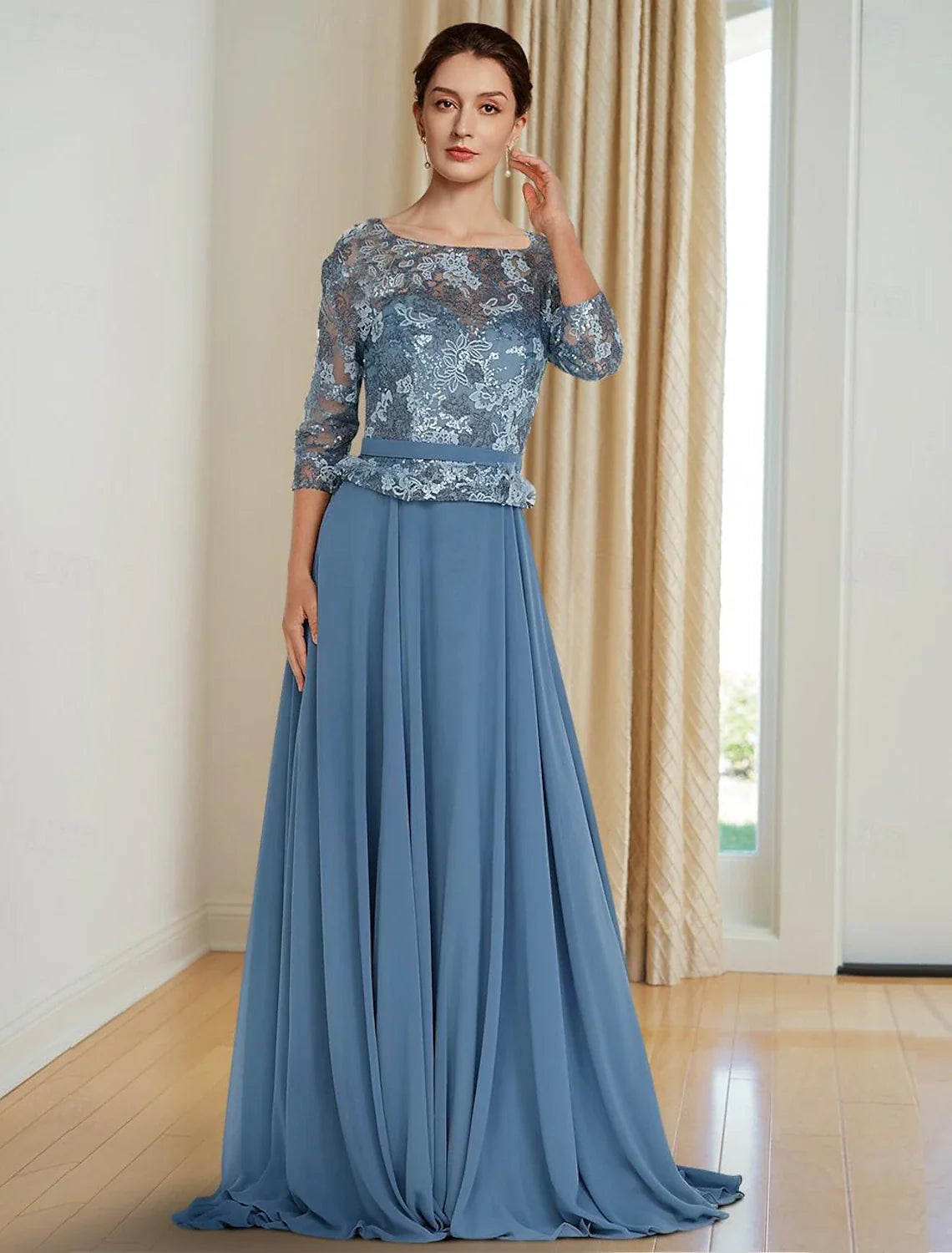 A-Line Mother of the Bride Dress Elegant Sweet Jewel Neck Floor Length Chiffon 3/4 Length Sleeve Half Sleeve