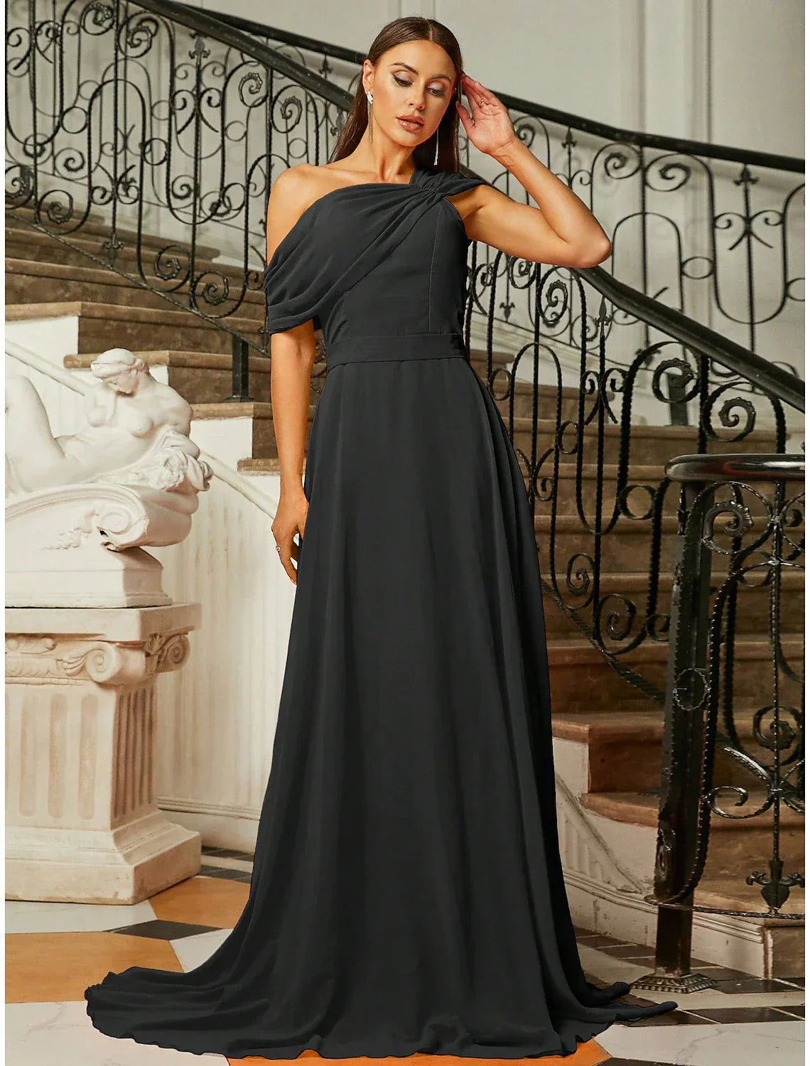 Evening Gown Elegant Dress Formal Wedding Guest Sweep / Brush Train Short Sleeve One Shoulder Stretch Fabric with Pleats Ruched