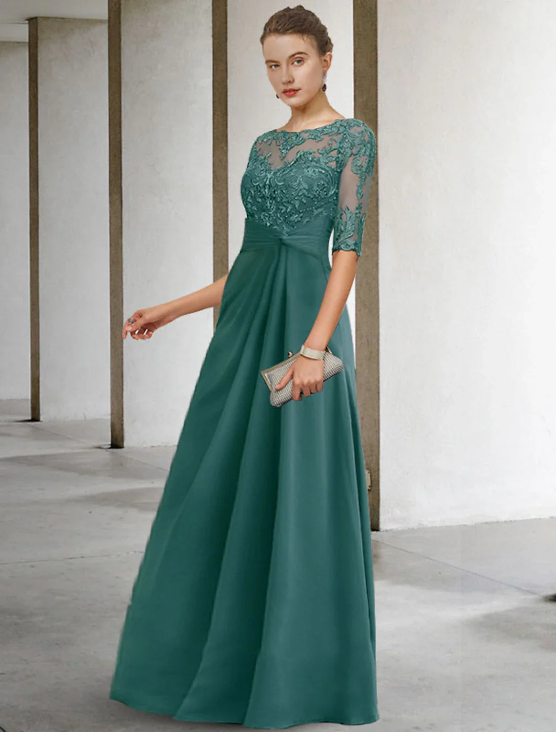 Sheath / Column Mother of the Bride Dress Wedding Guest Elegant Plus Size Jewel Neck Floor Length Chiffon Lace Short Sleeve