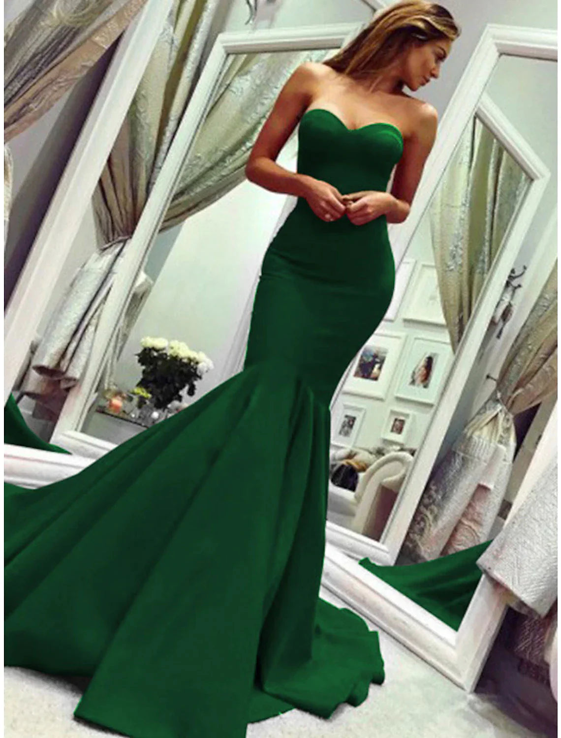 Mermaid Party Dress Minimalist Sexy Wedding Guest Formal Evening Valentine¡®s Day Dress Strapless Sleeveless Court Train with Pleats