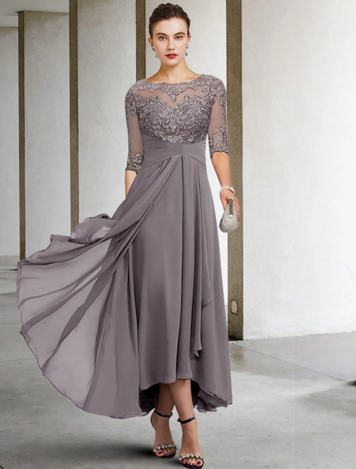 A-Line Mother of the Bride Dress Wedding Guest Elegant Plus Size High Low V Neck Asymmetrical Ankle Length Chiffon Lace Half Sleeve