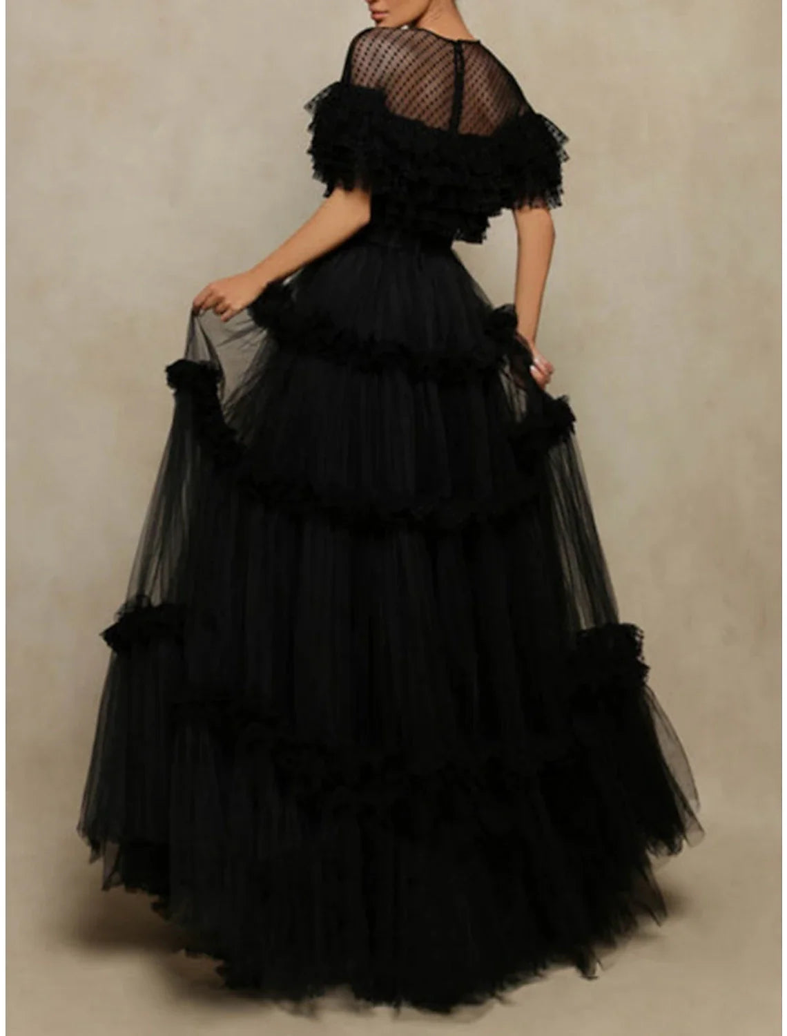 A-Line Prom Dresses Elegant Dress Formal Floor Length Short Sleeve Jewel Neck Tulle