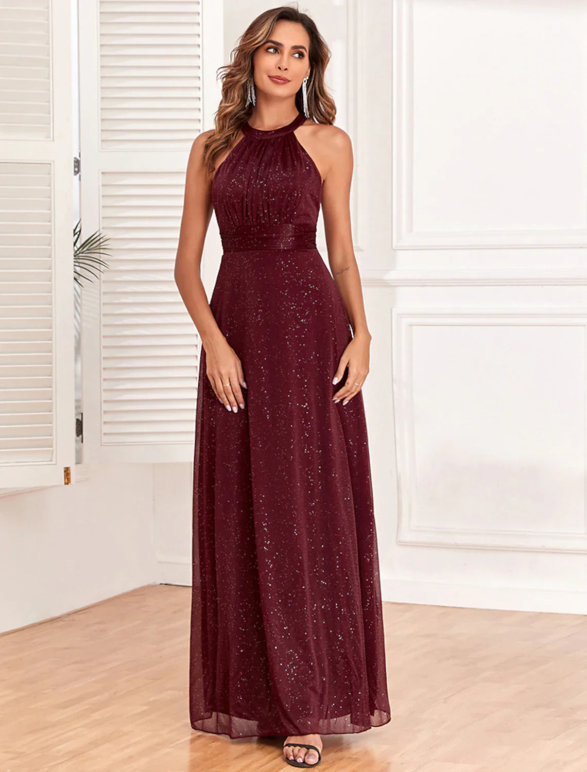 Evening Gown Empire Dress Evening Party Dress Wedding Reception Floor Length Sleeveless Halter Neck Polyester Backless V Back with Glitter