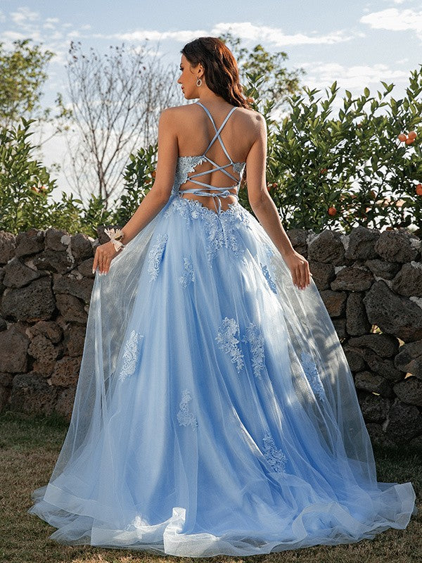 Applique Halter Sleeveless Sweep/Brush Train Dresses