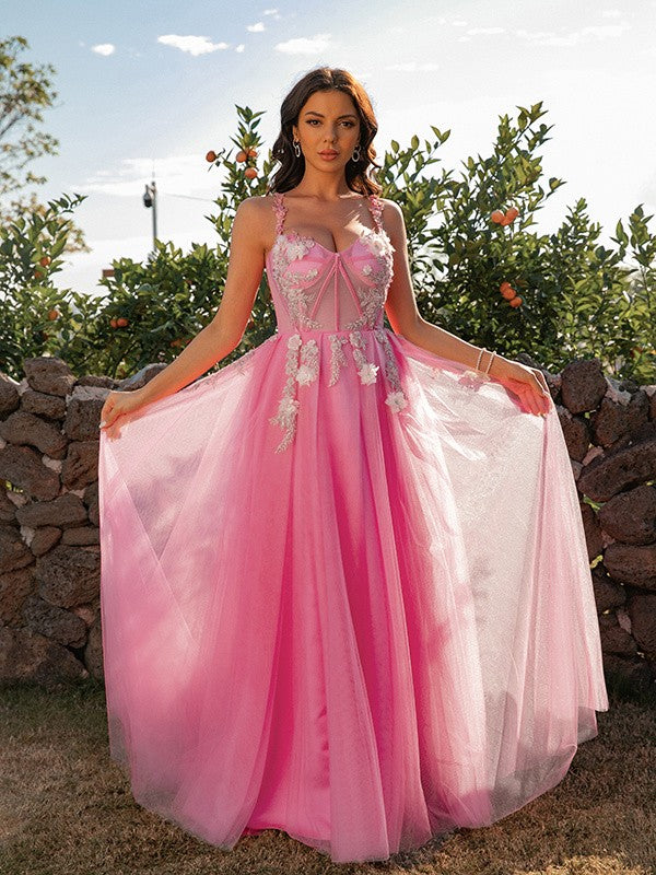 Tulle Applique Straps Sleeveless Floor-Length Dresses