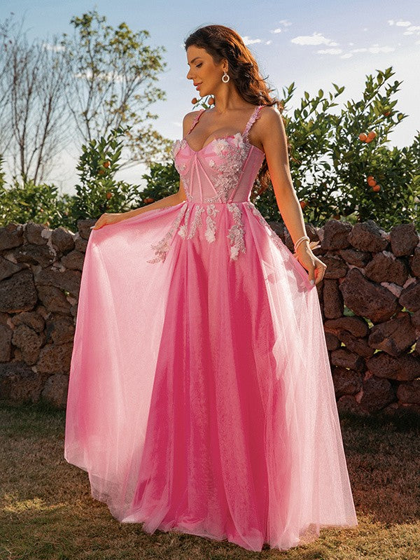 Tulle Applique Straps Sleeveless Floor-Length Dresses