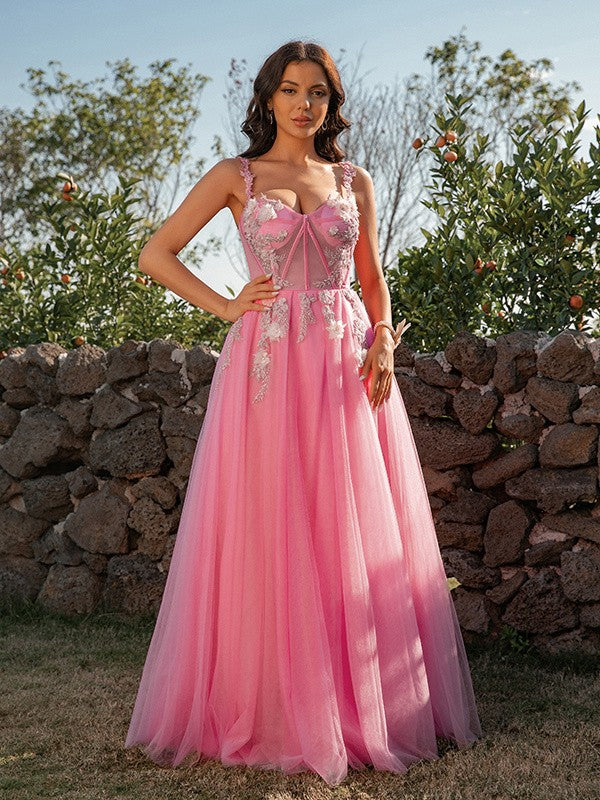 Tulle Applique Straps Sleeveless Floor-Length Dresses