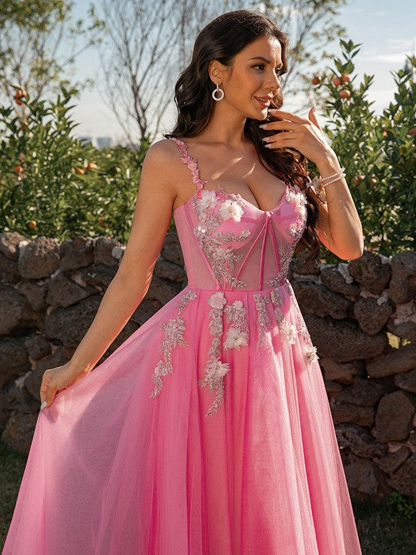 Tulle Applique Straps Sleeveless Floor-Length Dresses