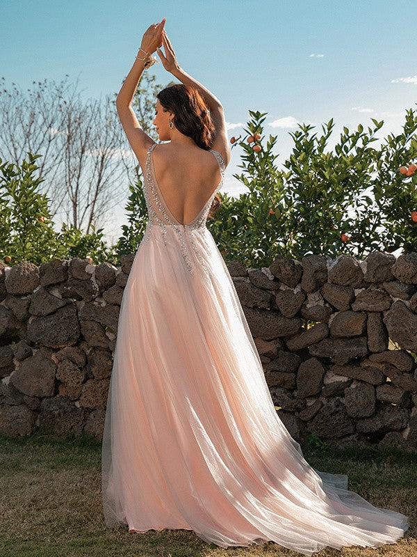 Tulle Sequin Straps Sleeveless Sweep/Brush Train Dresses