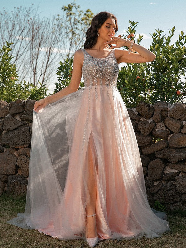 Tulle Sequin Straps Sleeveless Sweep/Brush Train Dresses