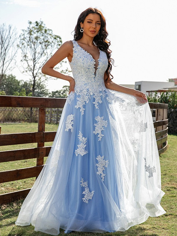 A-Line Tulle Applique V-neck Sleeveless Sweep/Brush Train Dresses