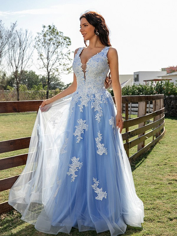 A-Line Tulle Applique V-neck Sleeveless Sweep/Brush Train Dresses
