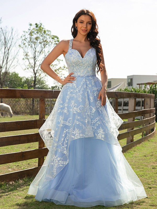 Tulle Lace V-neck Sleeveless Floor-Length Dresses