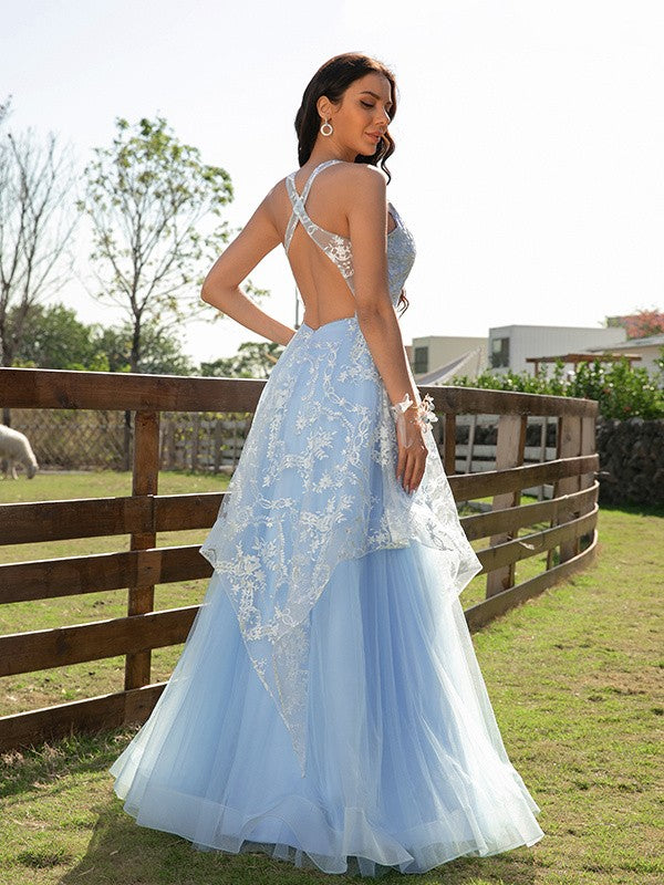 Tulle Lace V-neck Sleeveless Floor-Length Dresses