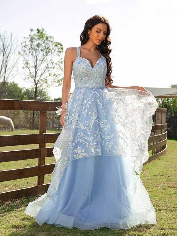 Tulle Lace V-neck Sleeveless Floor-Length Dresses