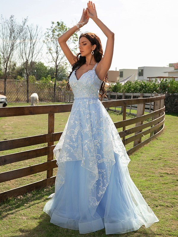 Tulle Lace V-neck Sleeveless Floor-Length Dresses