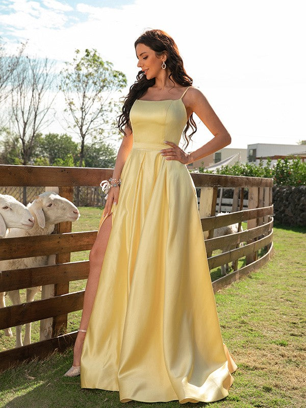Satin Ruffles Spaghetti Straps Sleeveless Sweep/Brush Train Dresses