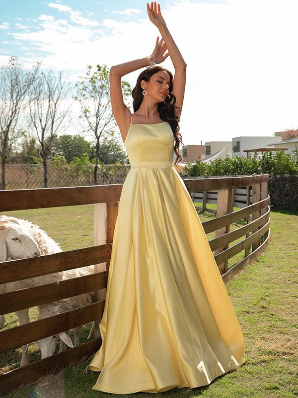 Satin Ruffles Spaghetti Straps Sleeveless Sweep/Brush Train Dresses