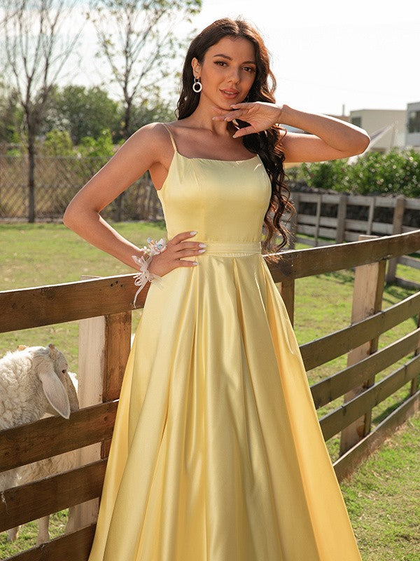 Satin Ruffles Spaghetti Straps Sleeveless Sweep/Brush Train Dresses