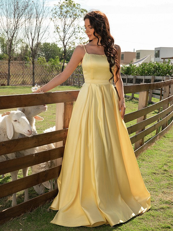 Satin Ruffles Spaghetti Straps Sleeveless Sweep/Brush Train Dresses