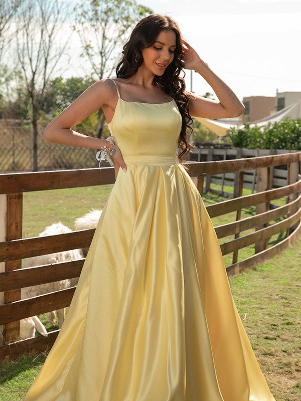 Satin Ruffles Spaghetti Straps Sleeveless Sweep/Brush Train Dresses