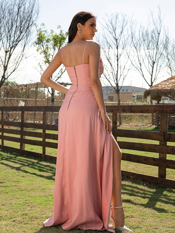 Woven Satin Ruched V-neck Sleeveless Sweep/Brush Train Dresses