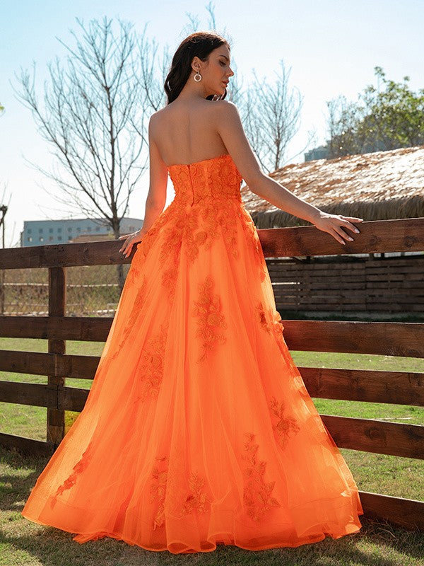 A-Line Tulle Applique Sweetheart Sleeveless Floor-Length Prom Dresses