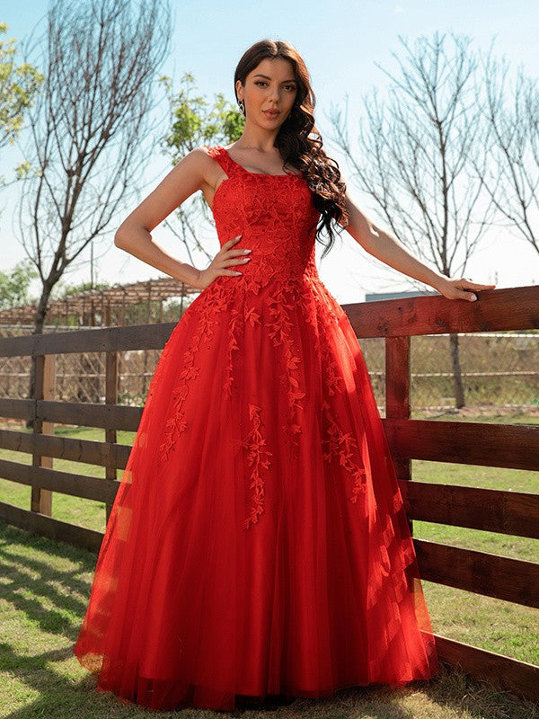 Tulle Applique Off-the-Shoulder Sleeveless Floor-Length Dresses