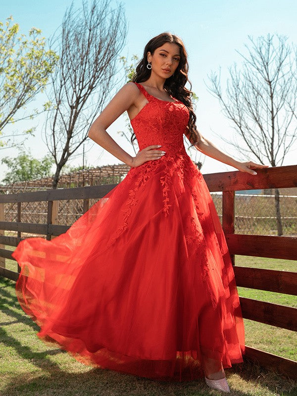 Tulle Applique Off-the-Shoulder Sleeveless Floor-Length Dresses