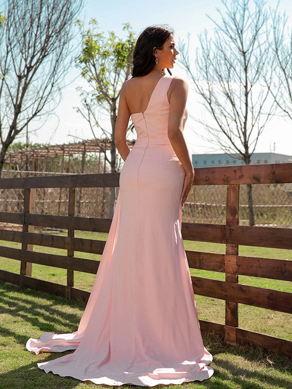 Column Silk like Satin Ruched One-Shoulder Sleeveless Sweep/Brush Train Dresses
