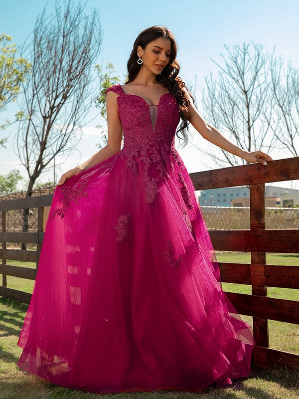 Tulle Applique V-neck Sleeveless Floor-Length Dresses
