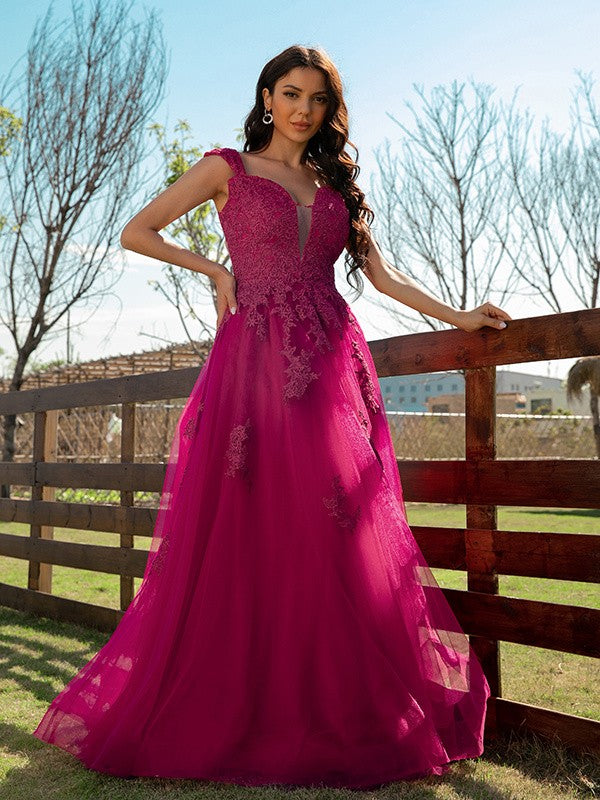 Tulle Applique V-neck Sleeveless Floor-Length Dresses