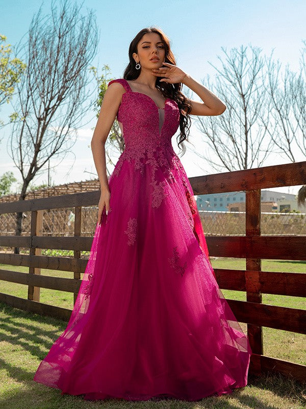 Tulle Applique V-neck Sleeveless Floor-Length Dresses
