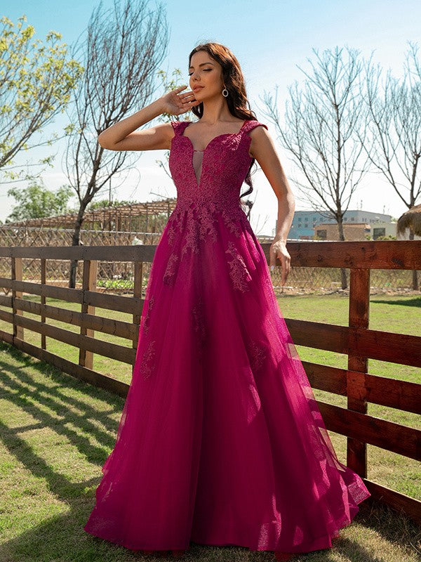 Tulle Applique V-neck Sleeveless Floor-Length Dresses