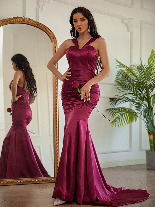 Silk like Satin Ruched Halter Sleeveless Sweep/Brush Train Dresses