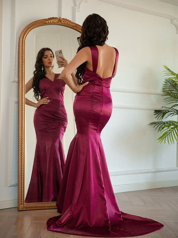 Silk like Satin Ruched Halter Sleeveless Sweep/Brush Train Dresses