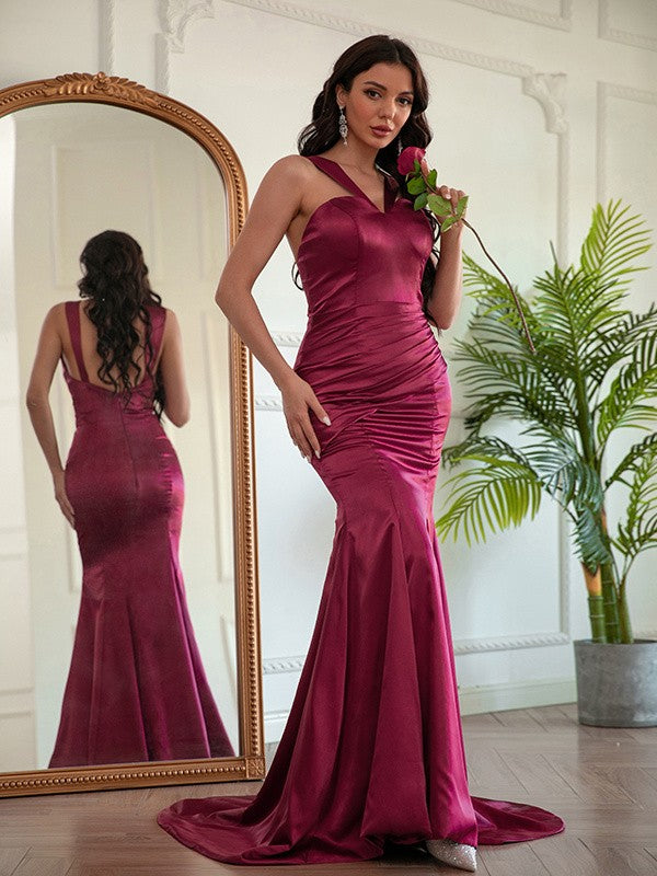 Silk like Satin Ruched Halter Sleeveless Sweep/Brush Train Dresses