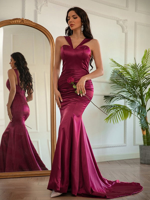 Silk like Satin Ruched Halter Sleeveless Sweep/Brush Train Dresses