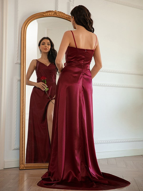 Satin Ruched V-neck Sleeveless Sweep/Brush Train Dresses